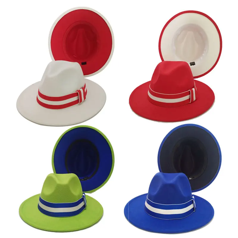 

Colorful Fedora Hats for Women Unisex Fashion Tuo-toned Band Fedoras Hat Wide Brim Simple Church Derby Top Hat шляпа женская