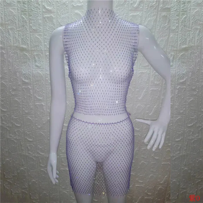 purple O-neck Блестящие Кристальные Стразы, женская одежда, сетчатые Прозрачные топы, клетчатые сексуальные мини юбки, летний комплект из 2 предметов, Клубные, трендовые - Цвет: purple O-neck