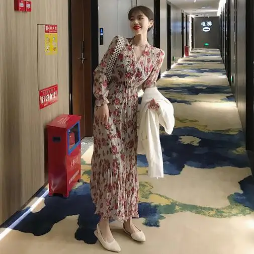 Pink Print Floral Casual Waist-Controlled Loose Long Sleeves Summer Sweet Simple Women All-Match Ankle Length Dress AE672 | Женская