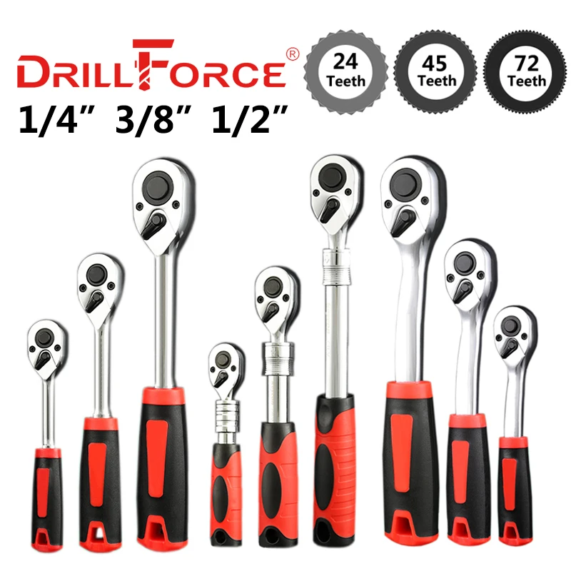 Drillforce 1/4" 3/8" 1/2" Torque Ratchet Wrench  24/45/72 Teeth CR-V Steel Auto Quick Release Professional Sockets Hand Tools