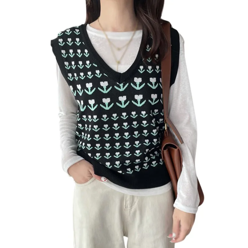 

Women Knitting Vest Fashion V Neck Flower Pattern Sweater Female Sleeveless Casual Slim Vest Chic Leisure Pullovers Tops