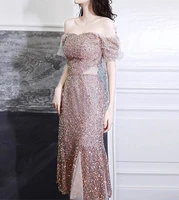 elegant shiny evening dresses mermaid sequins square collar a line puff sleeve illusion sexy backless formal banquet prom gowns