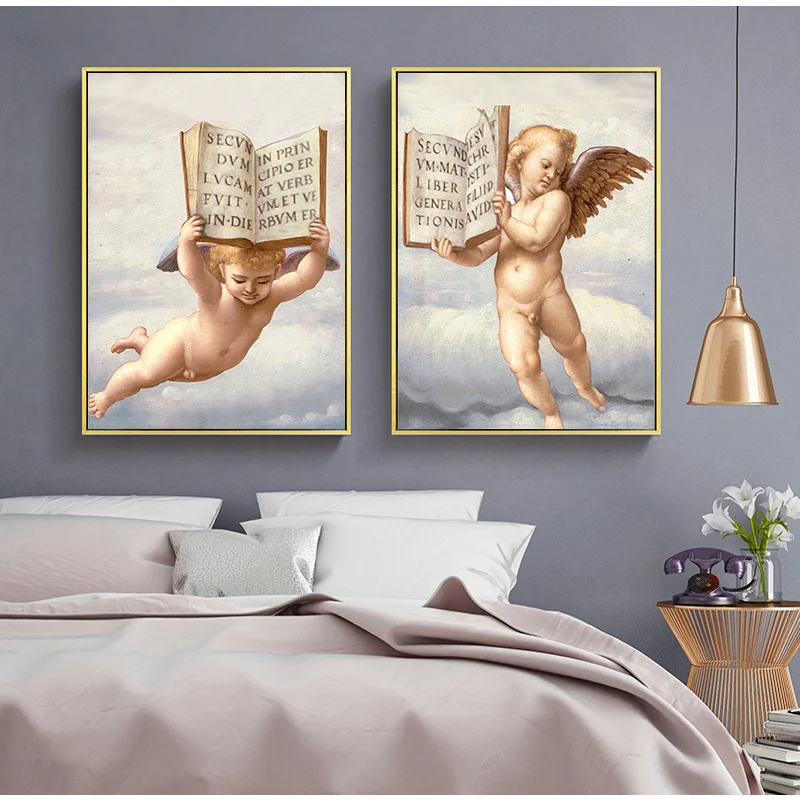 Летающий ангел ребенок мальчик христианская Библия печать книг на холсте стены