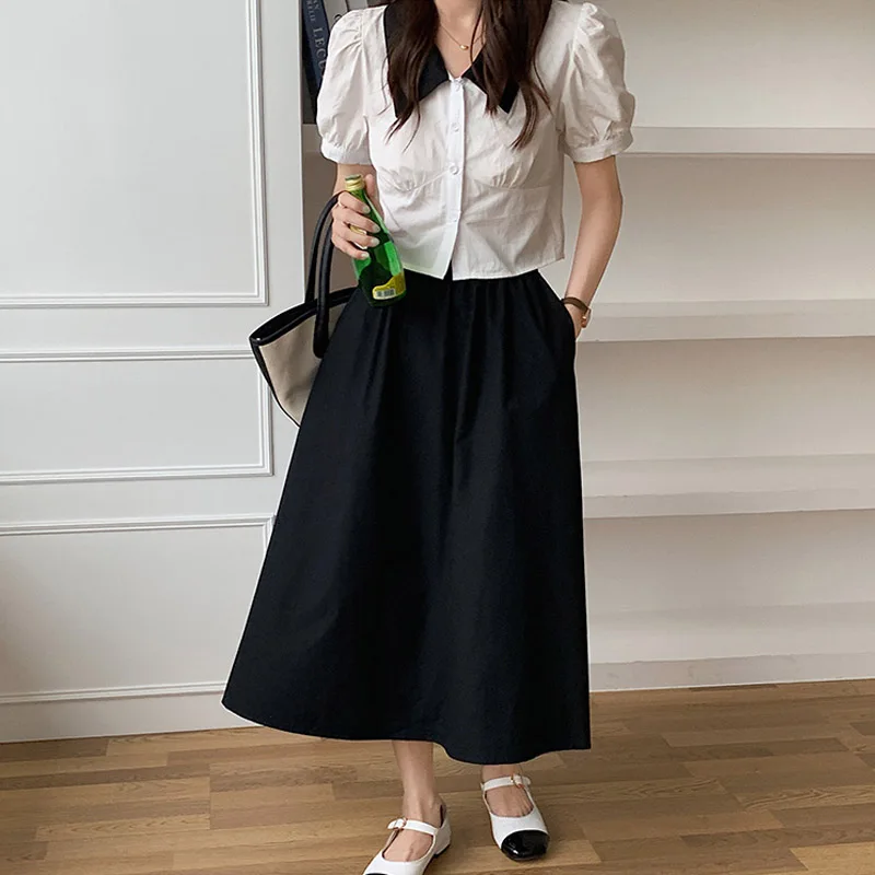 

2021 New Spring Summer Patchwork Shirt Women Puff Sleeve Casual Lapel Female Blouse Tops OL Style Women Loose Blouses Femme
