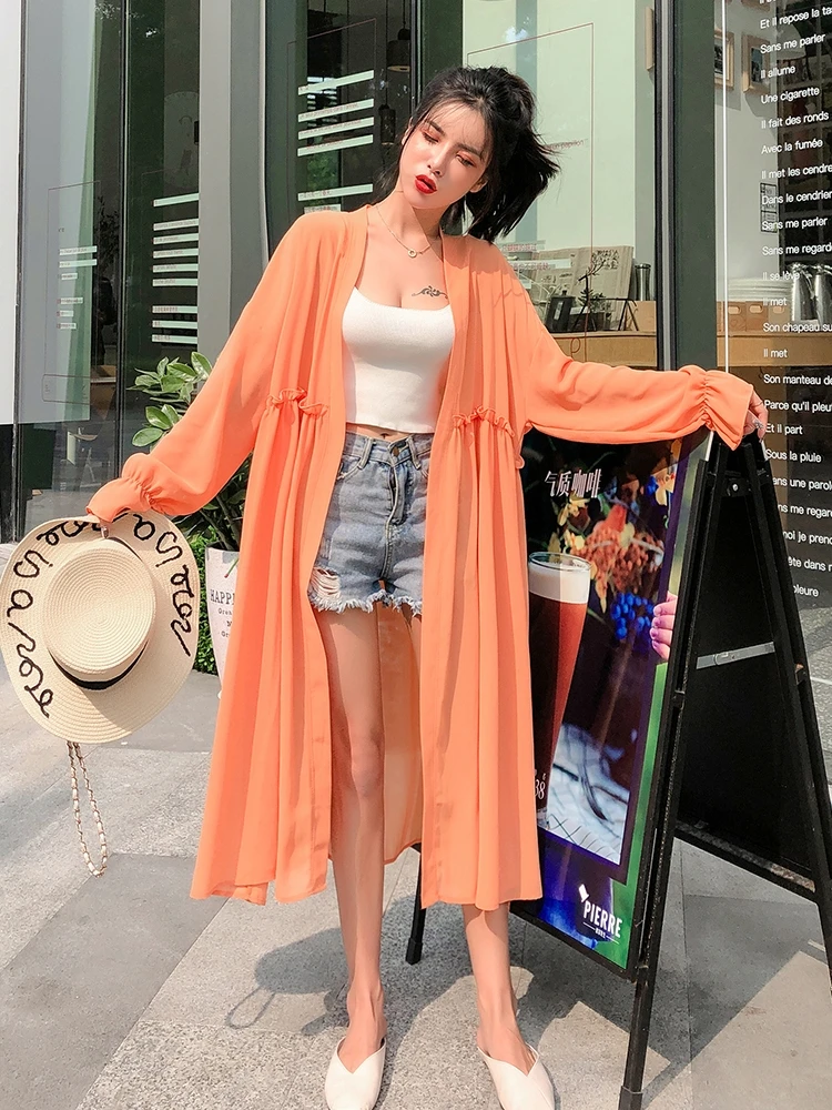 Женское шифоновое пальто с оборками и длинным рукавом свободного покроя |