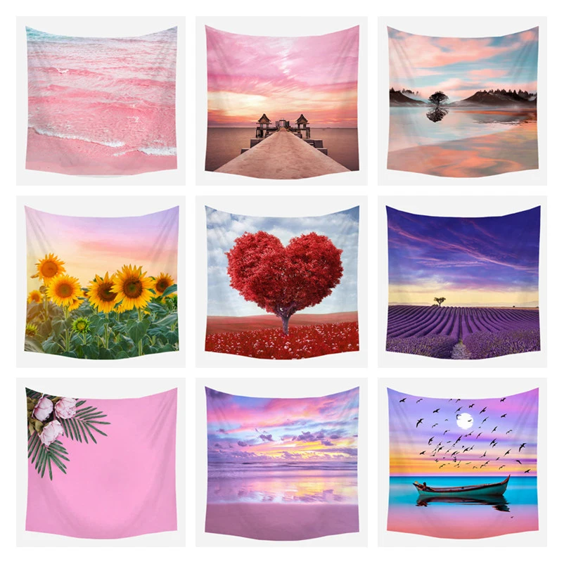 Розовый гобелен для морского побережья розовый в стиле хиппи ландшафтный