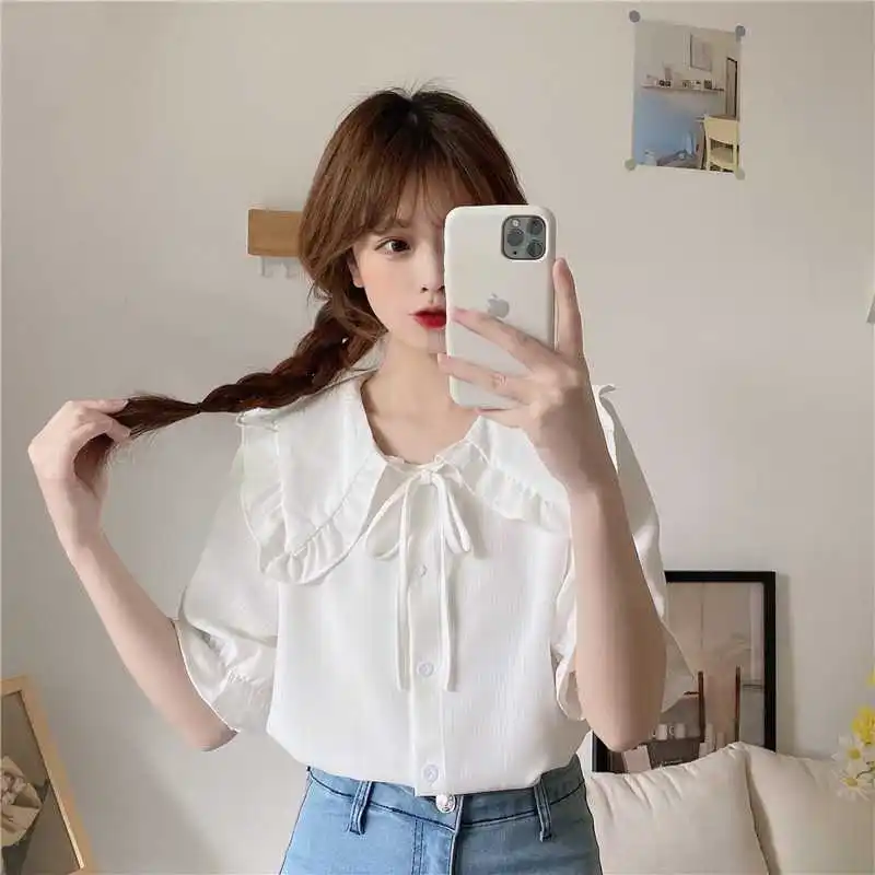 Белый кукольная рубашка с воротником для женщин летние шорты длинными рукавами