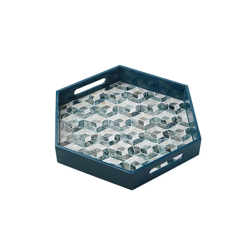 

European Blue Color Shell Tray Luxury Wooden Hexagonal Food Teacup Cosmetic Brush Storage Tray Home Square Jewelry Display Stand
