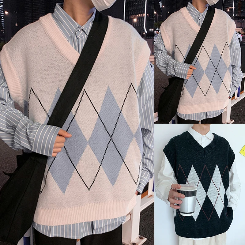 

Sweater Vest Men Patchwork V-neck Sleeveless Sweaters Chic Preppy Style Side-Slit Couples Teens Retro High Quality New Waistcoat