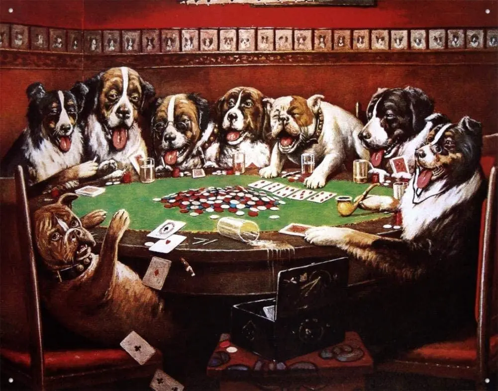 

Kean Tin Metal Sign Casino 8X12 Poker Sympathy Dog Playing Poker Iron Paint Bar Party Hole Metal Wall Decoration