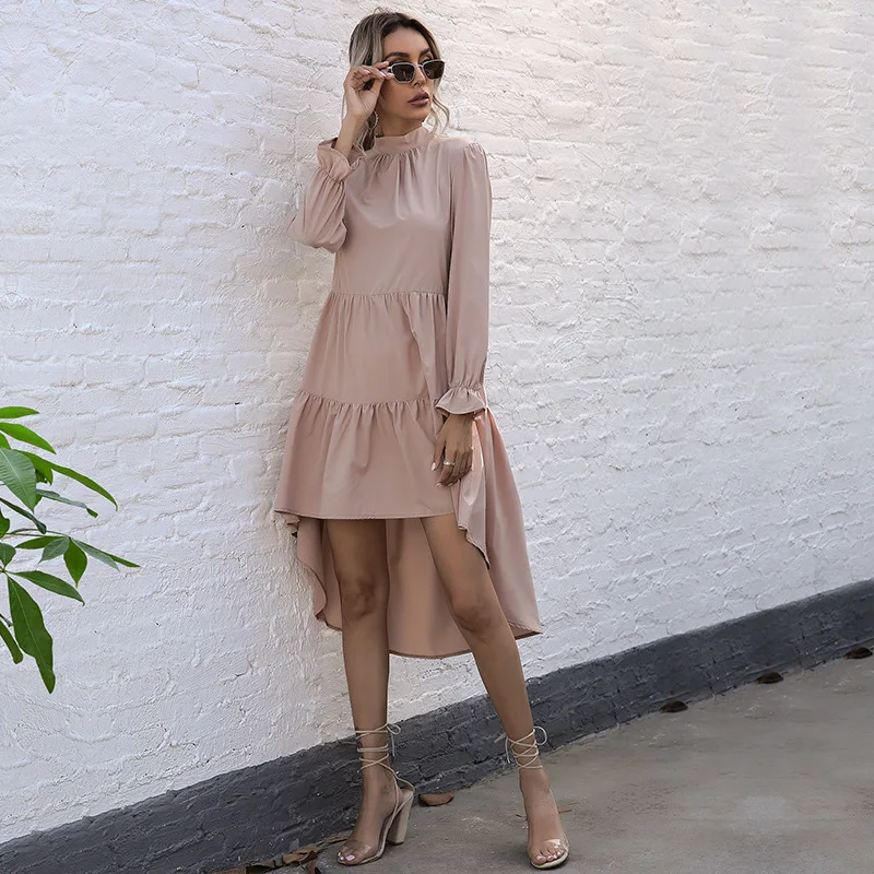 

2021 spring new European and American Amazon cross border solid half high collar pleated lace up irregular dress for women