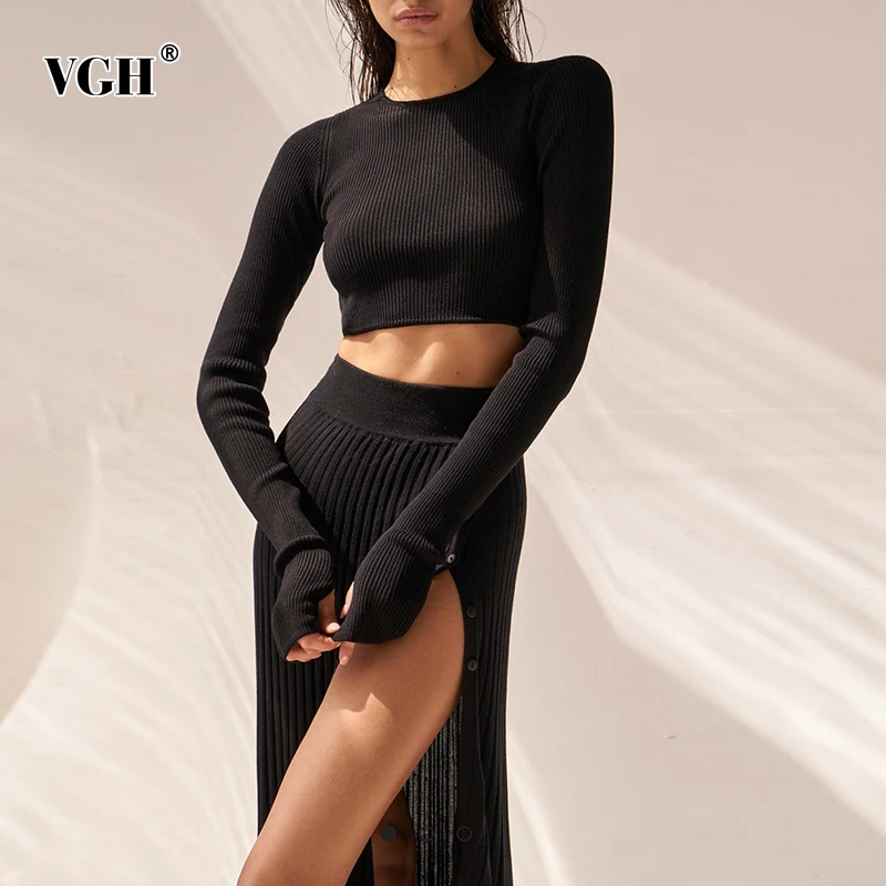 

Женский Повседневный облегающий костюм VGH, однотонный комплект из двух предметов, свитер с круглым вырезом и длинным рукавом, юбка с высокой...