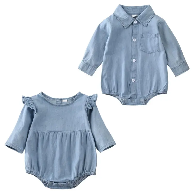 

2020 Bodysuit for Newborns Twins Baby Boy Girl Long Sleeve Blue Denim Shirts Ruffle Bodysuit Jumpsuit Sisters Brothers Clothes
