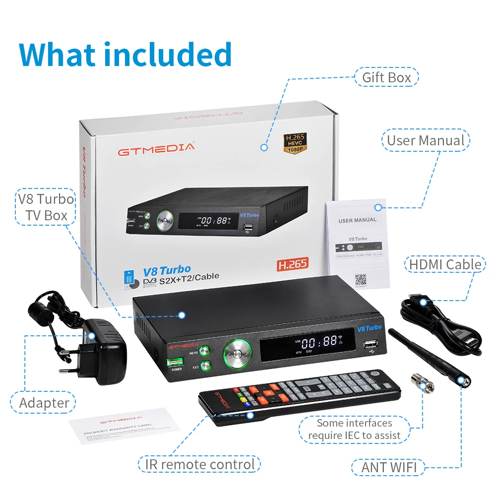 Спутниковый ресивер GTMEDIA V8 Turbo DVB S2/S2X/T2/C 10 битный Wi Fi H.265 поддержка карт в