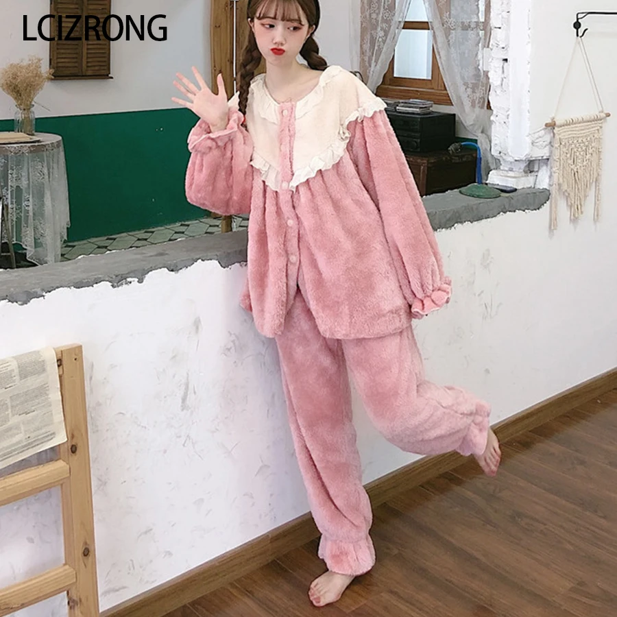 Winter Coral Fleece Warm 2pcs Pajamas Sets Women Sweet Ruffle O Neck Long Sleeve Tops Pants Nightgown Thick Home Clothes | Женская