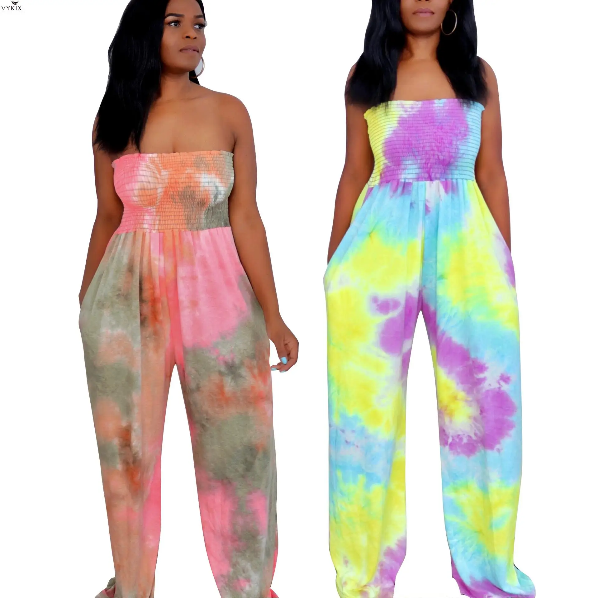 

Women Tie Dye Print Strapless Sleeveless Bodycon Beach Playsuits Sexy Bohemian Sports Bodysuits One Piece Rompers Club Jumpsuits