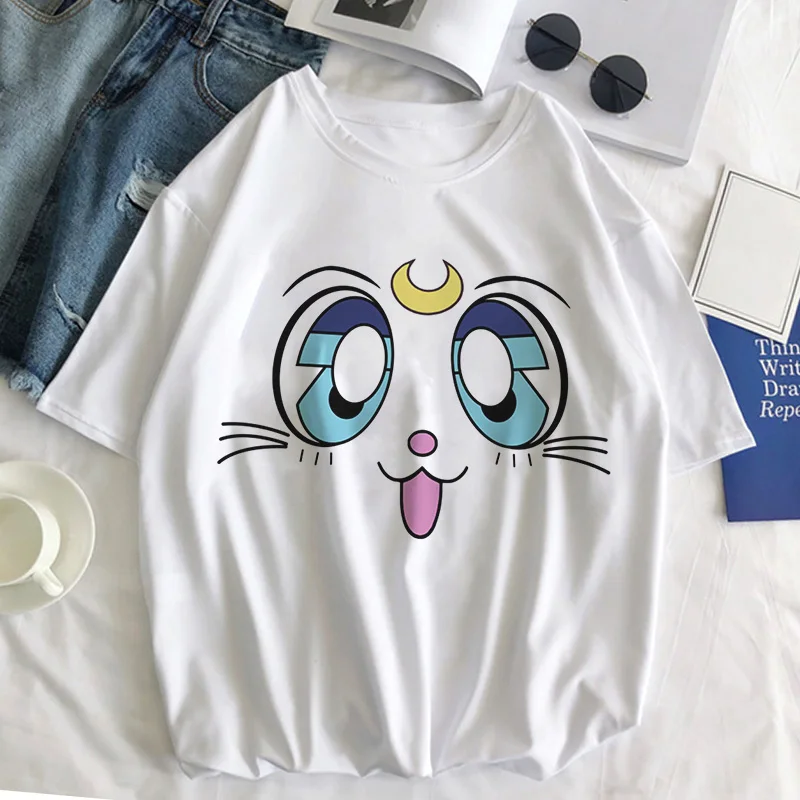 Sailor Moon Cat Футболка женская летняя Kawaii стильная одежда Harajuku футболка Ulzzang Повседневная футболка с коротким рукавом женская футболка