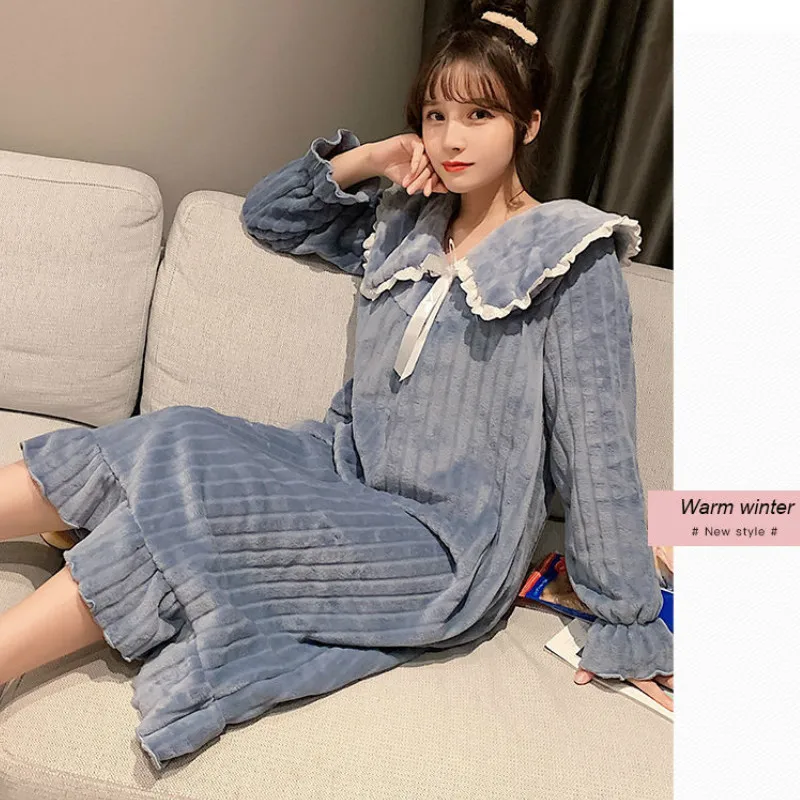 

Women's Nightdress Autumn Winter Long-sleeved Sleeping Dress Flannel Sweet and Cute Home Clothes Thick Princess Style Clothes
