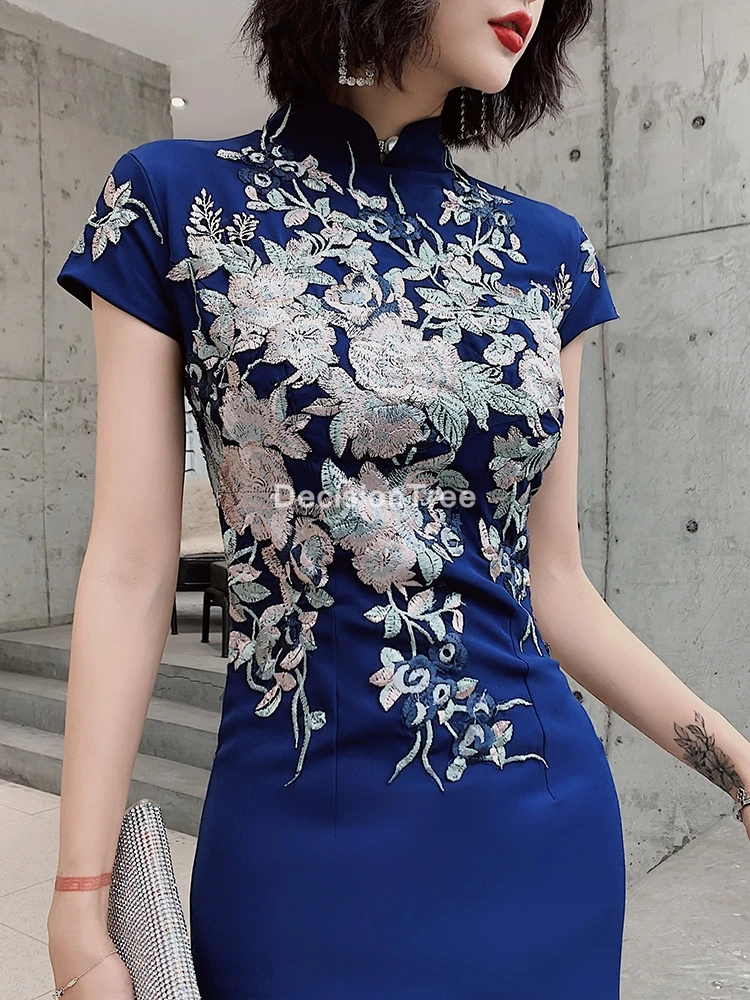 

2021 embroidery mermaid chinese style lady cheongsam long elegant dress big vestidso vintage red bride wedding qipao