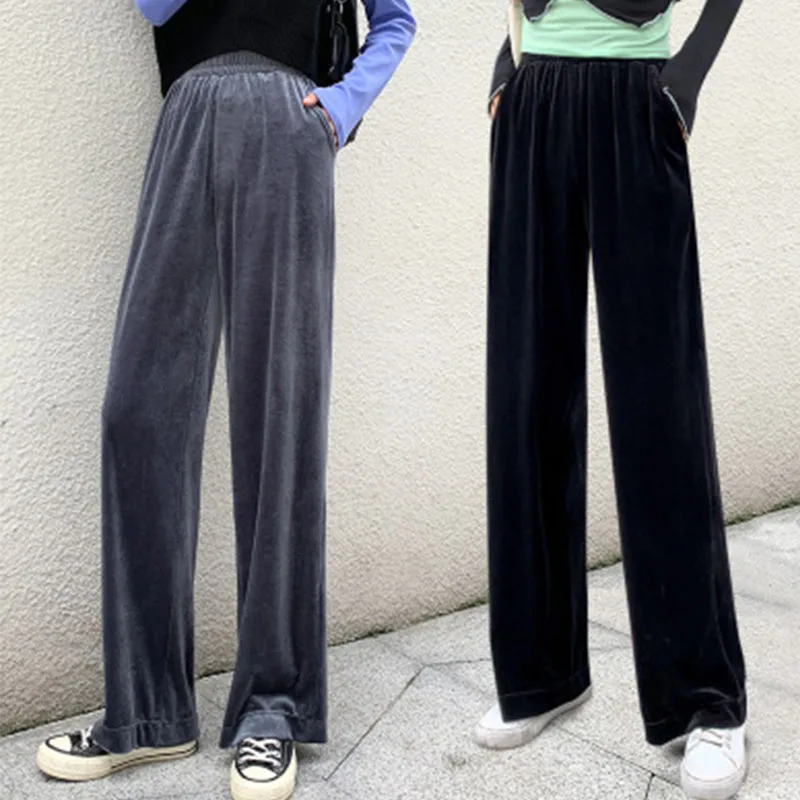 Женские бархатные прямые брюки с карманами осенне зимние широкие эластичной