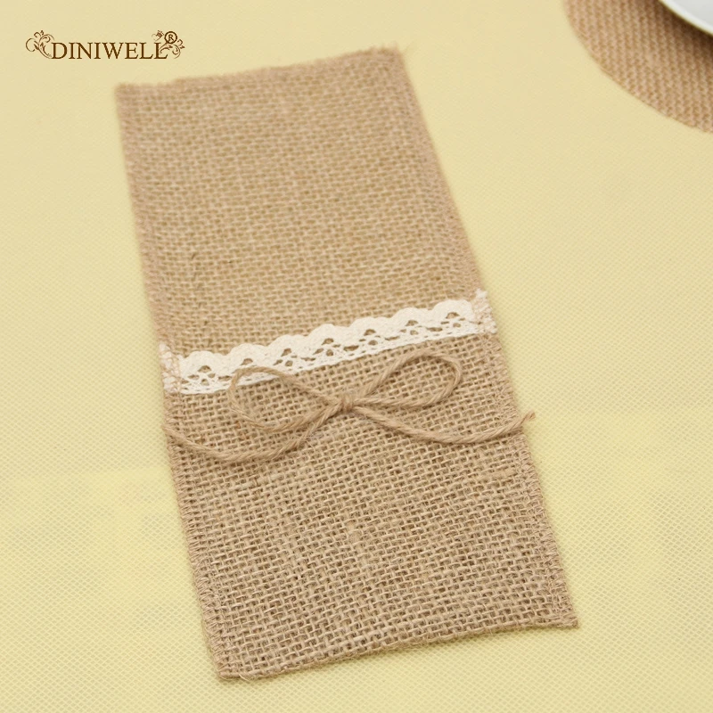 Мешковина льняной кружевной мешочек для столовых приборов рустикальная