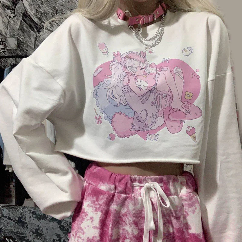

Harajuku Kawaii Cute Cartoon Anime Girl Printed T-shirt Long Sleeve White Tshirts Women Sweet Tops Loose Pullovers Woman Clothes