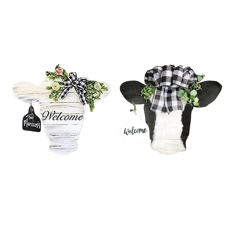

2 Pcs Cow Head Welcome Sign Acrylic Animal Head Door Hanger Sign For Front Door Porch Wall Decor, Black-White & White