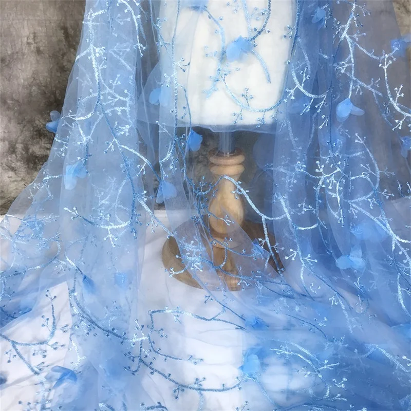 

3D Flower Chiffon Mesh Lace Fabric Embriodered Cloth Material DIY Dress Sewing On