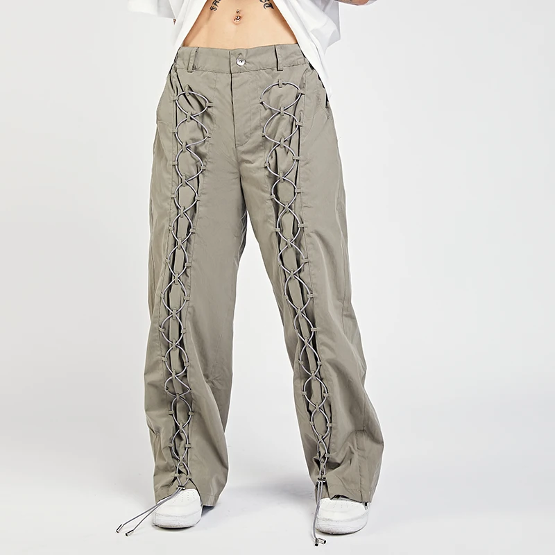 

Брюки-карго мужские на шнуровке, Брендовые прямые повседневные штаны в стиле оверсайз, однотонные мешковатые брюки с эластичным поясом в ст...