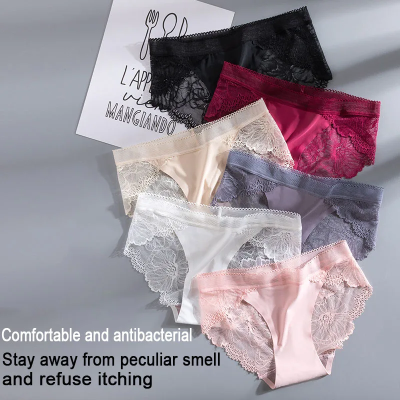 

Wholesale 100PCcs Ice Traceless Lace Edge Underwear Female Hollow Sexy Breathable Antibacterial Cotton Crotch Underwear Female