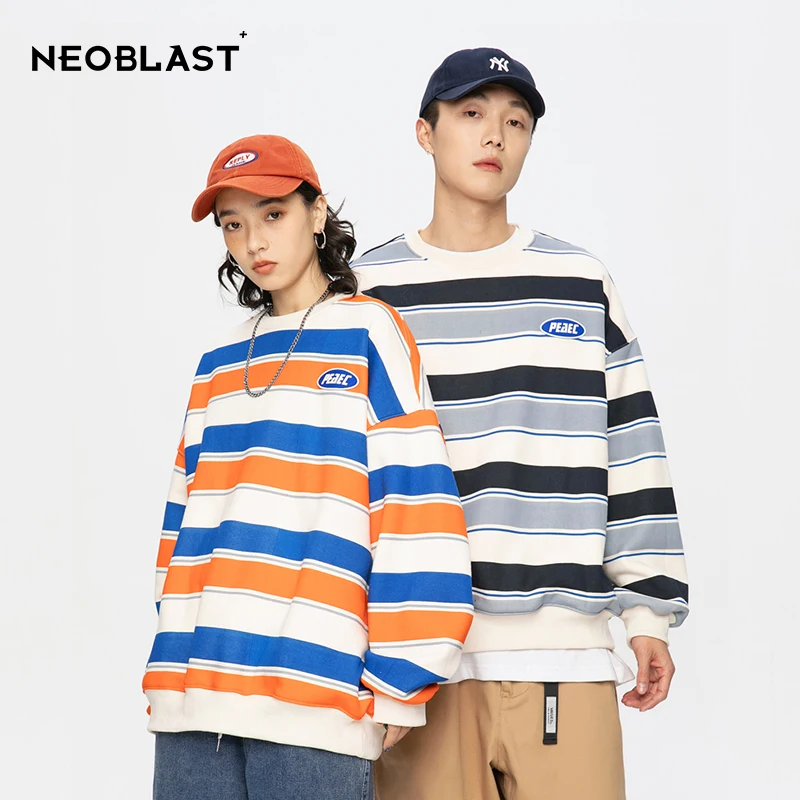 

Unisex Sweatshirt Orange Striped Round Necked Hoodie Oversized Casual Thin Sweater Long Sleeved Male T-Shirt Couple Clothes