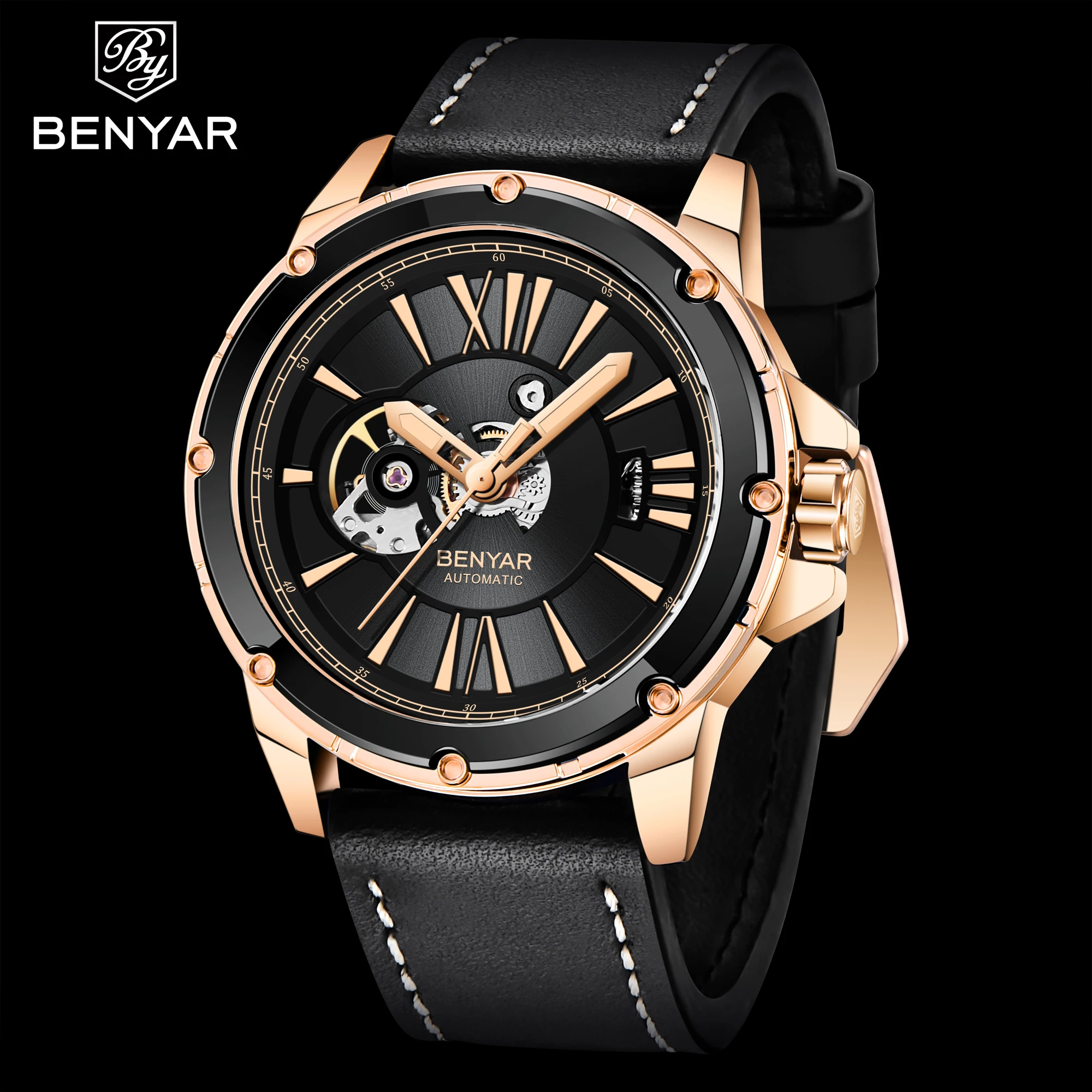 BENYAR 2021 Top Brand Men's Automatic Mechanical Watch Luxury Fashion Leather Sports Waterproof Clock Men's Watch Reloj Hombre