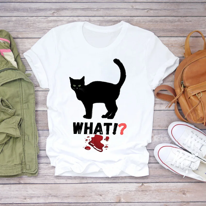 

Women Cartoon Cat 90s Animal Short Sleeve Halloween Print Lady T-shirts Top Womens Graphic T Shirt Ladies Female Tee T-Shirt