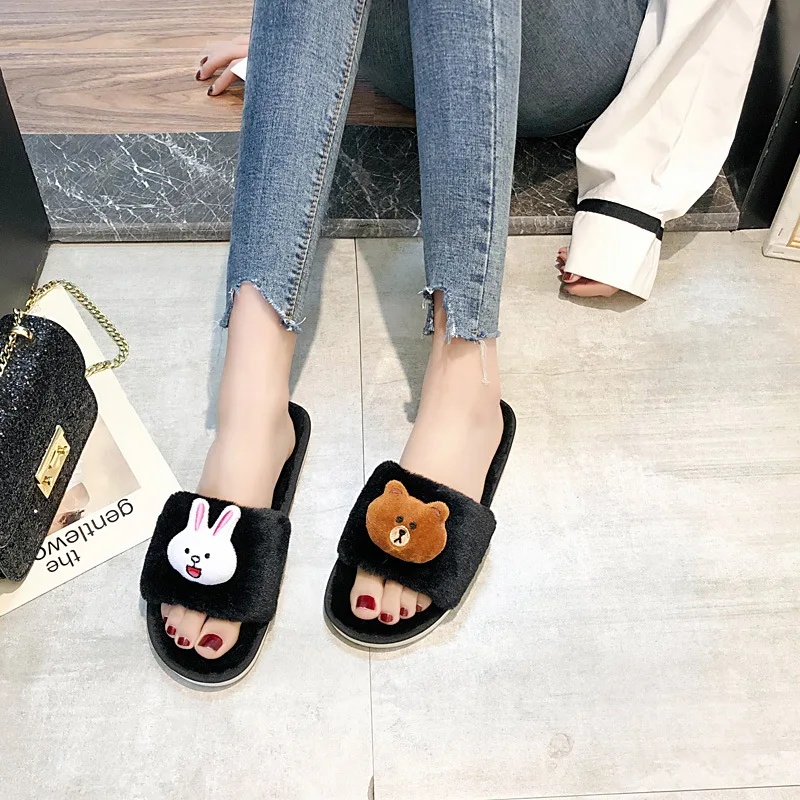 Новые пушистые тапочки женские осенние домашние деревянные шлепанцы для пола