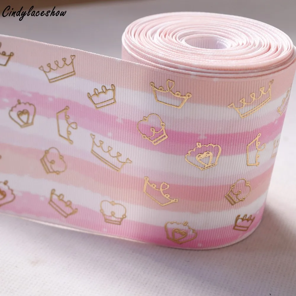 

3" 75 mm Foil Printed Ribbon Gold Foil Crown DIY Hairbows Accessories Baby Shower Handmade Materials Gift Wrapping Tape 2 yards