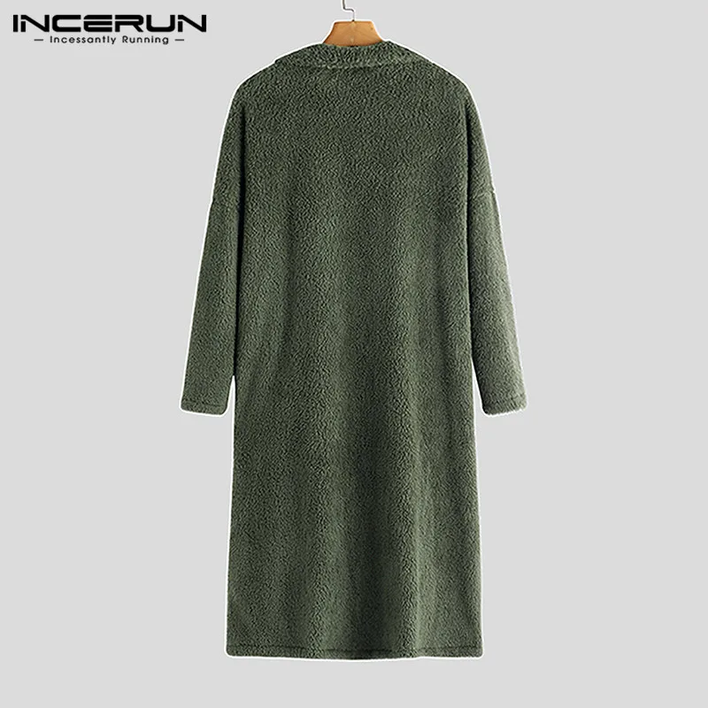 INCERUN, зимний мужской Тренч, верхняя одежда, однотонный, искусственный флис, длинный рукав, уличная одежда, пальто, пушистый, модный, длинный кардиган, куртки, пальто