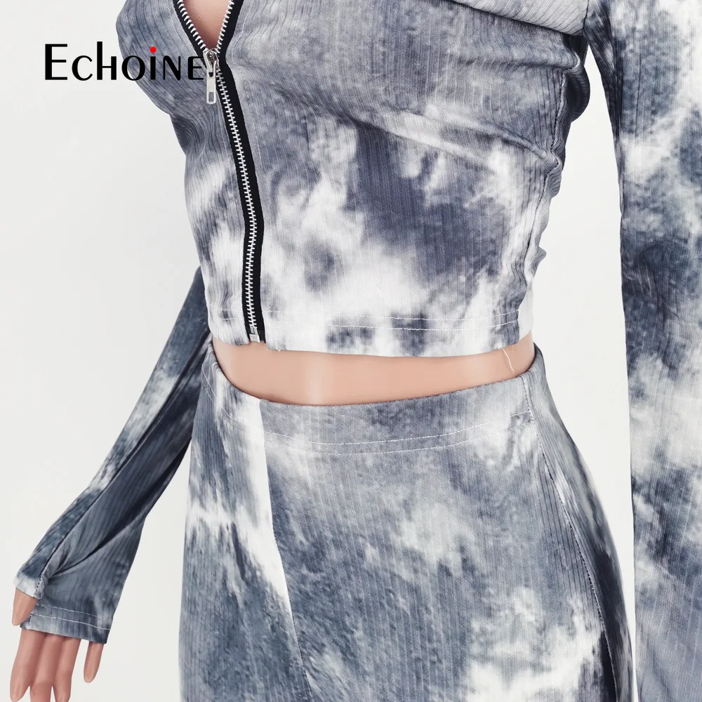 

Echoine Autumn Women Tie-Dye Print Ribbed Knitted Set Zipper Sweater Tops Pants Suit Tracksuit Matching Two Piece Set Outfits