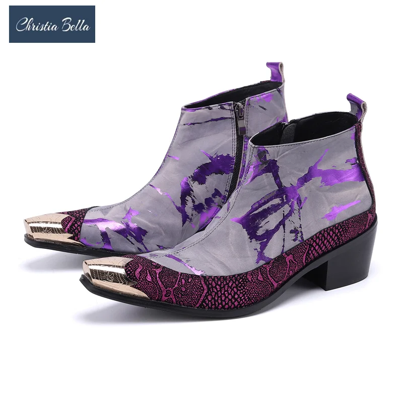 

Christia Bella Winter Fashion Print Pointed Toe Men Ankle Boots Increase Height Party Dress Boots Real Leather Short Boots Shoes