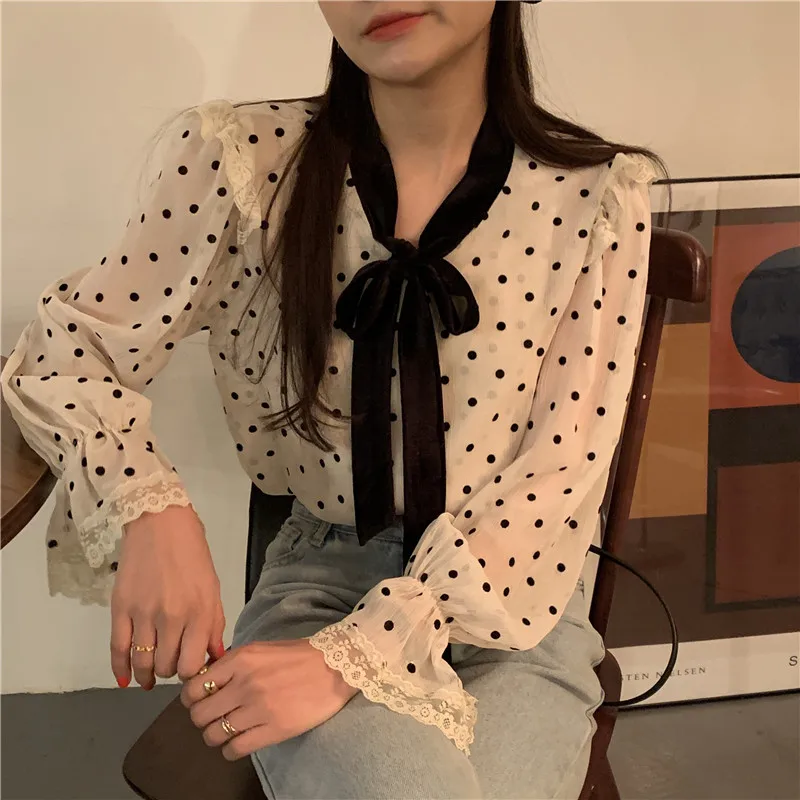 

Women All Match Retro Tops Shirts Sweet Hot Blouses Vintage Polka Dots Female Lace-Up Chic Stylish