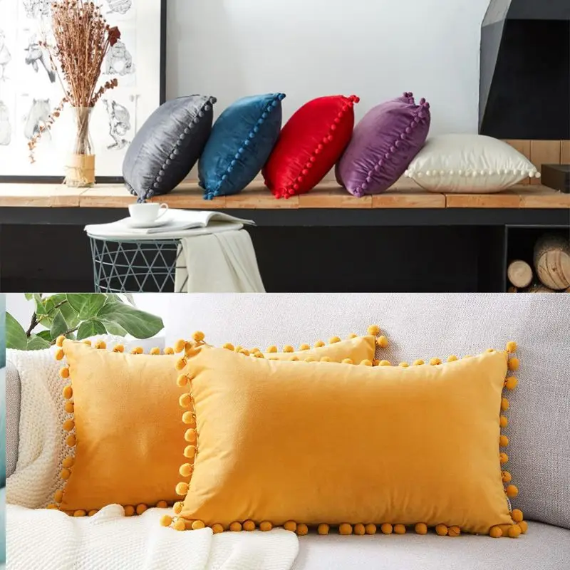 

Nordic Style Velvet Lumbar Waist Throw Pillow Cover with Pom Pom Simple Solid Color Decorative Rectangle Cushion Case