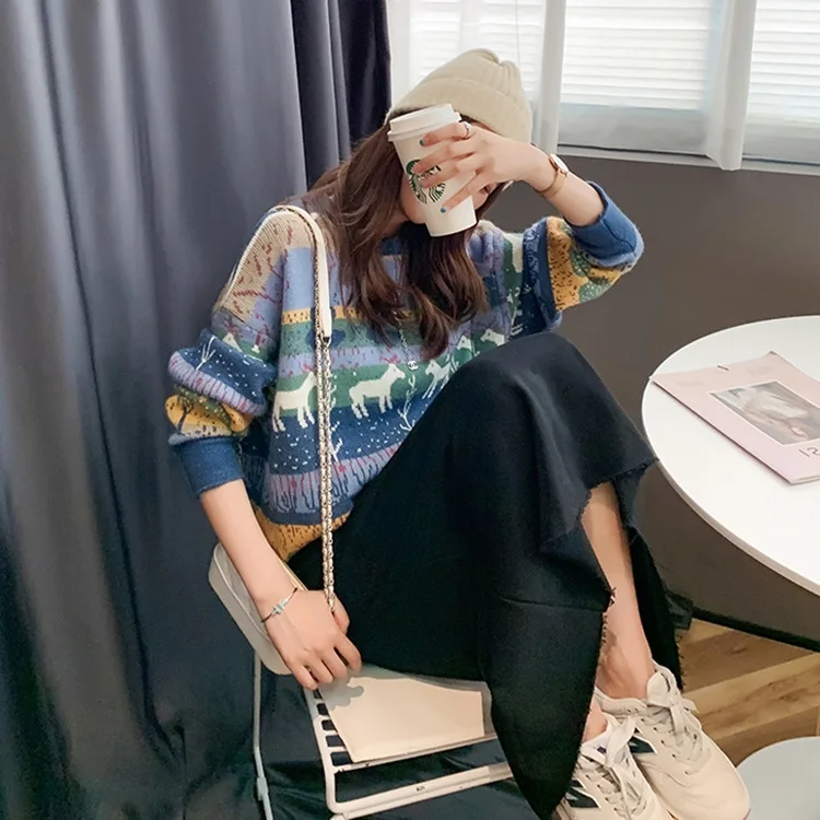 

Fannic Autumn and Winter Sweet Style Animal Pattern Casual Knitted Long Sleeve Pullover Round Neck Sweater Women