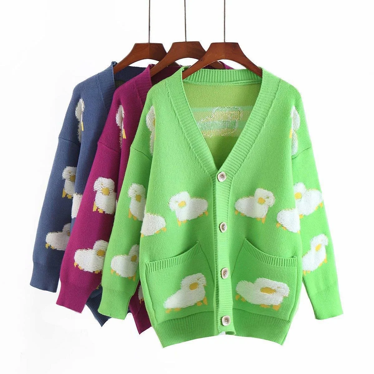 

OMCHION Autumn And Winter 2021 New Lamb Jacquard Loose Pockets Knitted Sweater Coat Thick Warm Korean Chic Cardigan For Women