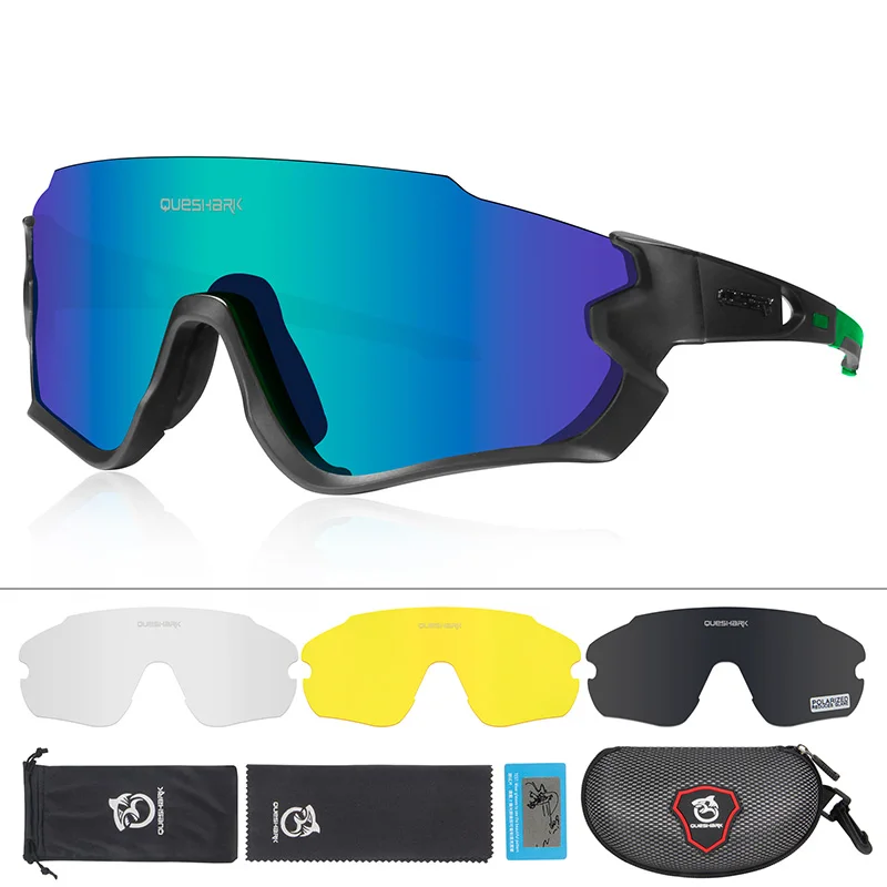Black Green QUESHARK, новинка, QE45, очки для велоспорта, очки для мужчин и женщин, поляризованные очки для велоспорта, UV400, 4 линзы для горного велосипеда - Цвет: Black Green
