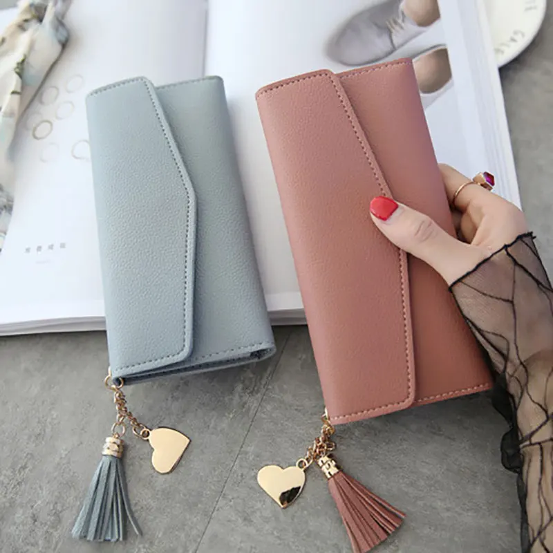 

Fashion Wallets For Women Simple Tassel Purses Black Gray Long Section Clutch Wallet Soft PU Leather Money Bag Carteras