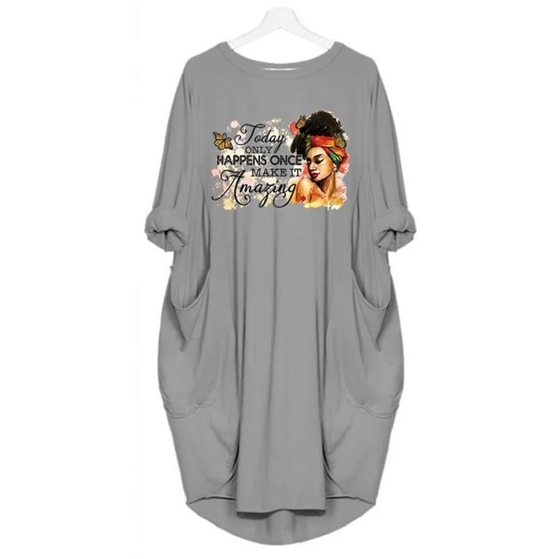 

Women's Dress 100% Cotton Casual African Dress For Women Pocket I Am Black Woman Beatiful Autumn Midi Female Clothing T Shirt