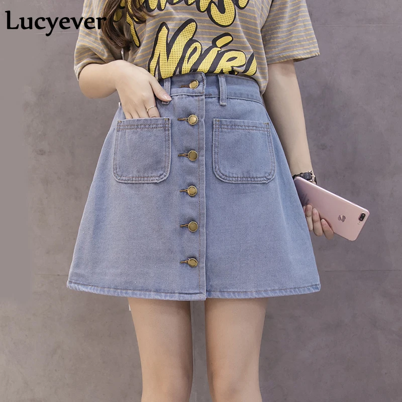 Lucyever джинсовые женские мини юбка летние винтажные Высокая талия корейский одной