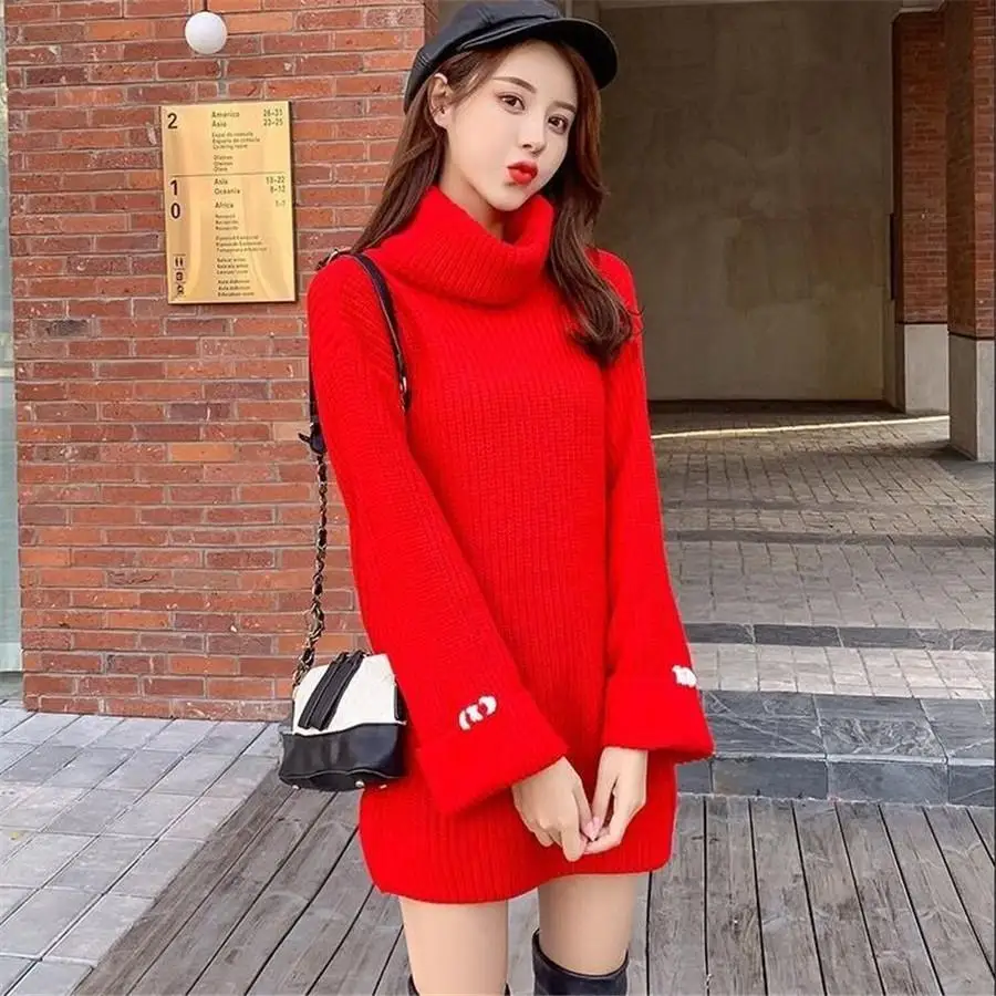 

Women Winter basic Long Sweater Dress Turtleneck long sleeve Elegant solid color brief slim Knitted dresses pullovers