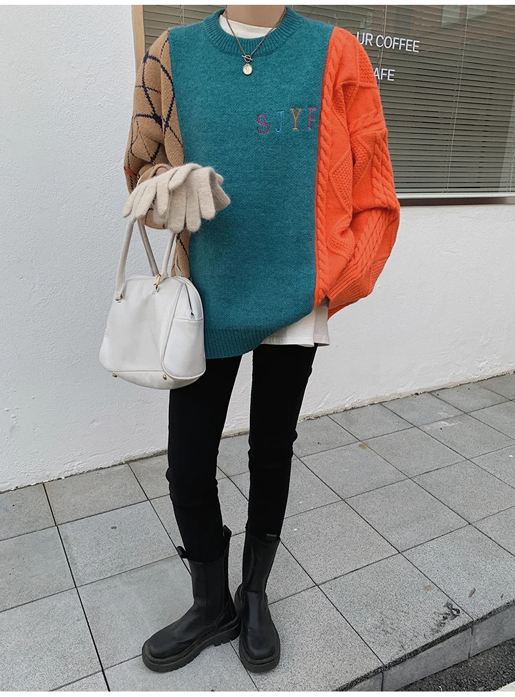 

Knitting Sweater Oversized Spliced korean style Loose Fit Long Sleeve Women Pullovers Round Neck New Fashion Tide Autumn Winter