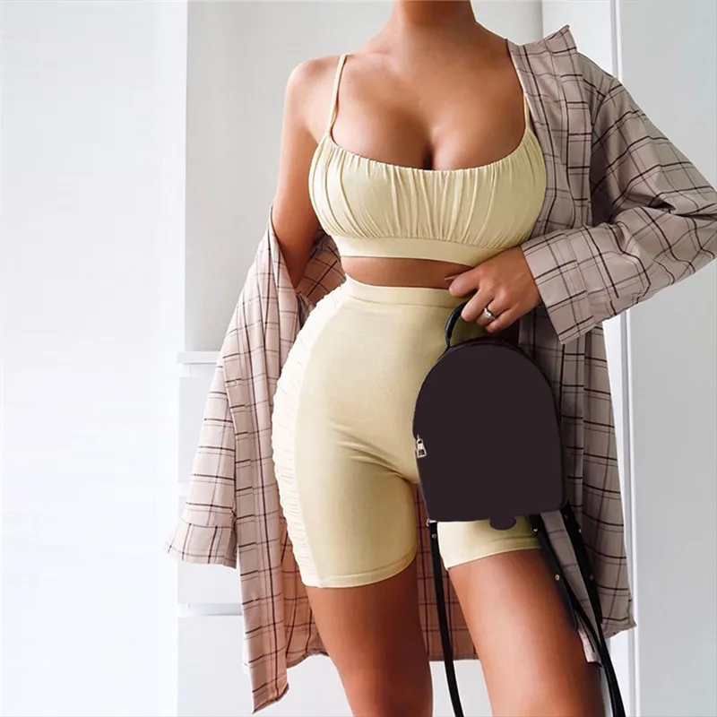 

Women Summer Two Piece Set Sport Crop Top Ruched Spaghetti Strap And Pants Biker Shorts Casual Black Sleeveless Workout