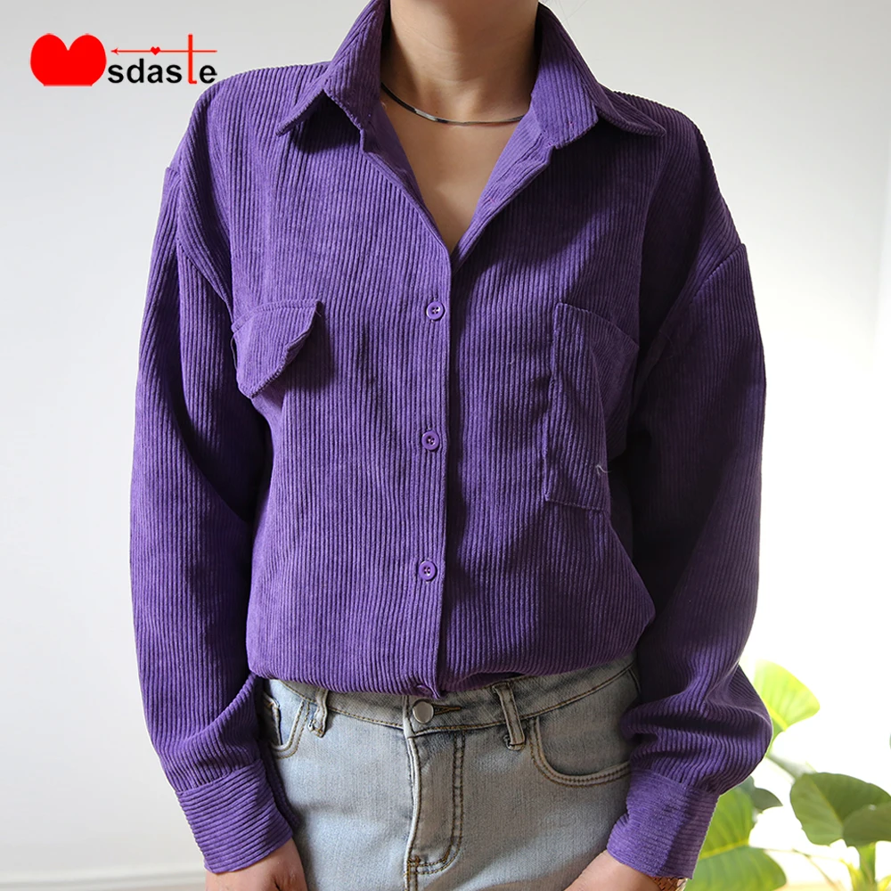 Purple Shirt Blouse Women Loose Oversized Corduroy Turn-down Neck Long Sleeve Casual Blusas femme Womens Tops and Blouses Purple